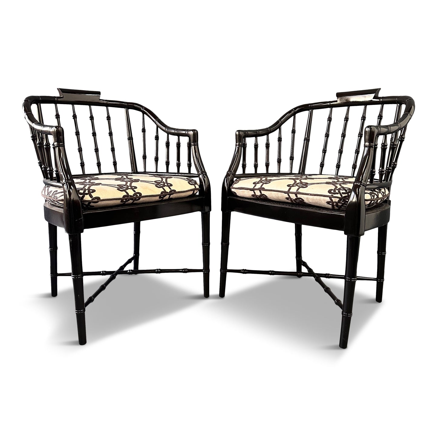 SOLD – Pair of Chinoiserie Hollywood Regency Faux Bamboo Armchairs in Black by Baker