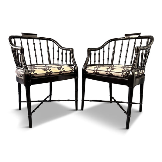 SOLD – Pair of Chinoiserie Hollywood Regency Faux Bamboo Armchairs in Black by Baker