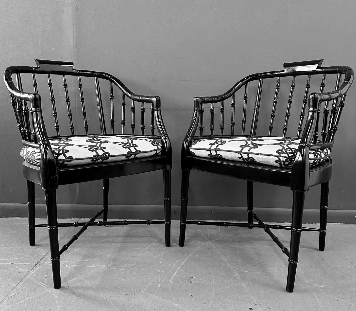 SOLD – Pair of Chinoiserie Hollywood Regency Faux Bamboo Armchairs in Black by Baker