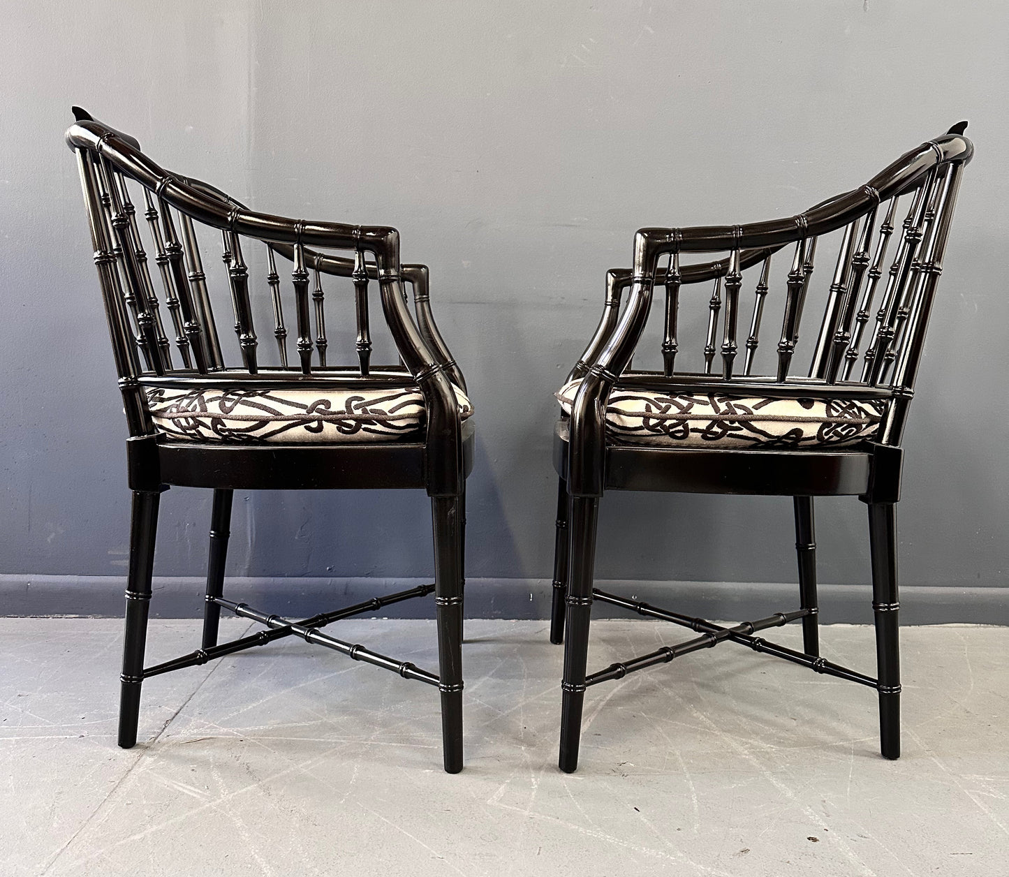 SOLD – Pair of Chinoiserie Hollywood Regency Faux Bamboo Armchairs in Black by Baker