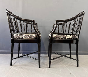 Pair of Chinoiserie Hollywood Regency Faux Bamboo Armchairs in Black by Baker