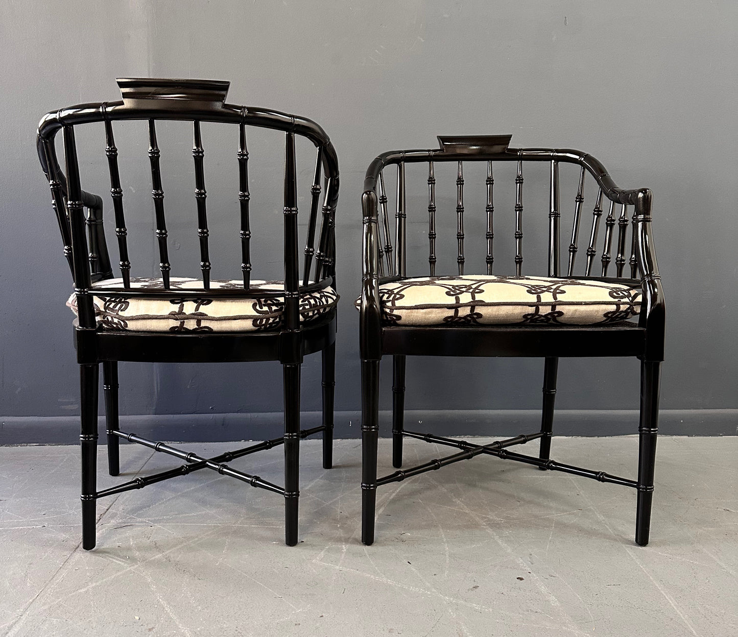 SOLD – Pair of Chinoiserie Hollywood Regency Faux Bamboo Armchairs in Black by Baker