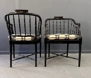 Pair of Chinoiserie Hollywood Regency Faux Bamboo Armchairs in Black by Baker