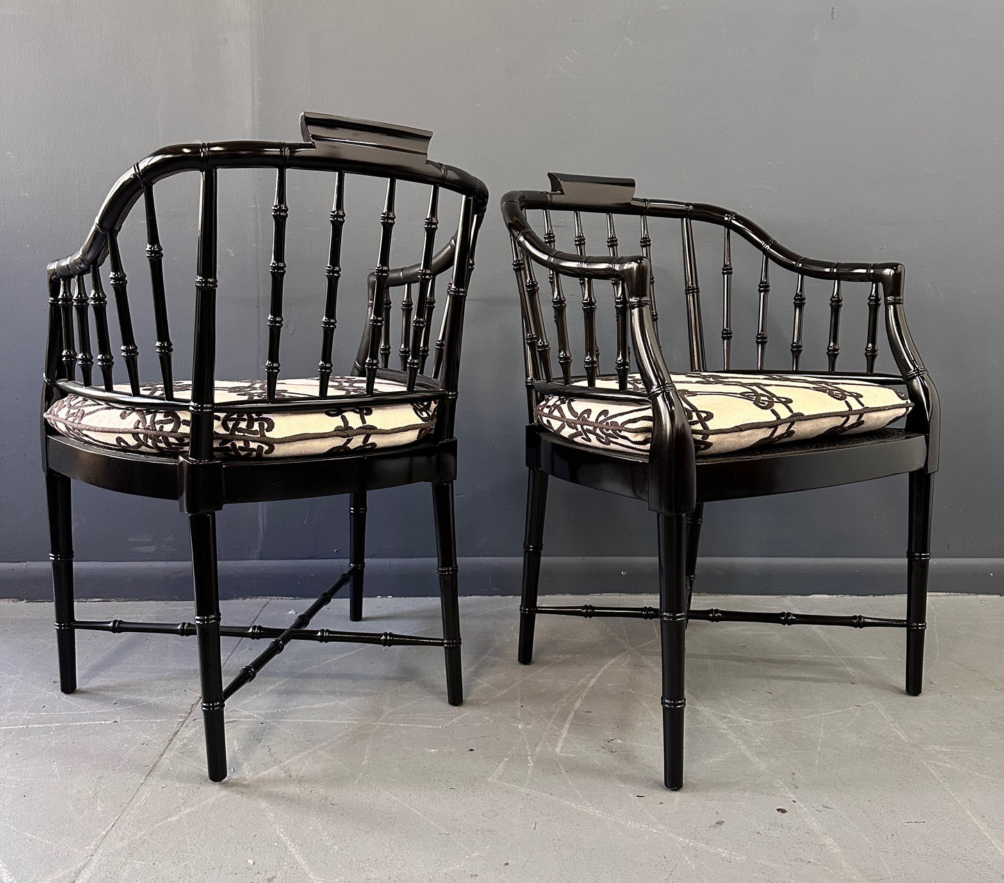 SOLD – Pair of Chinoiserie Hollywood Regency Faux Bamboo Armchairs in Black by Baker