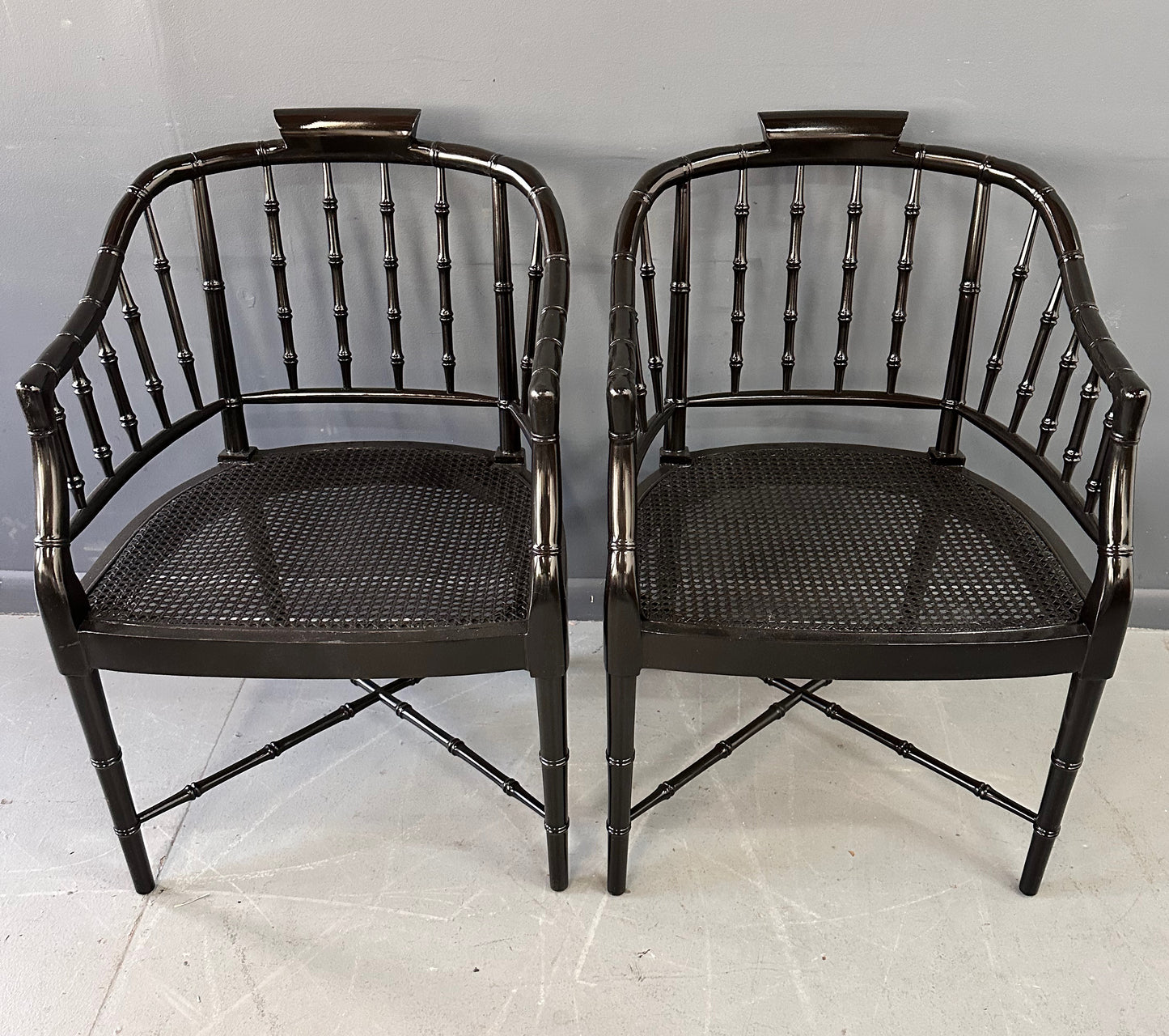 SOLD – Pair of Chinoiserie Hollywood Regency Faux Bamboo Armchairs in Black by Baker