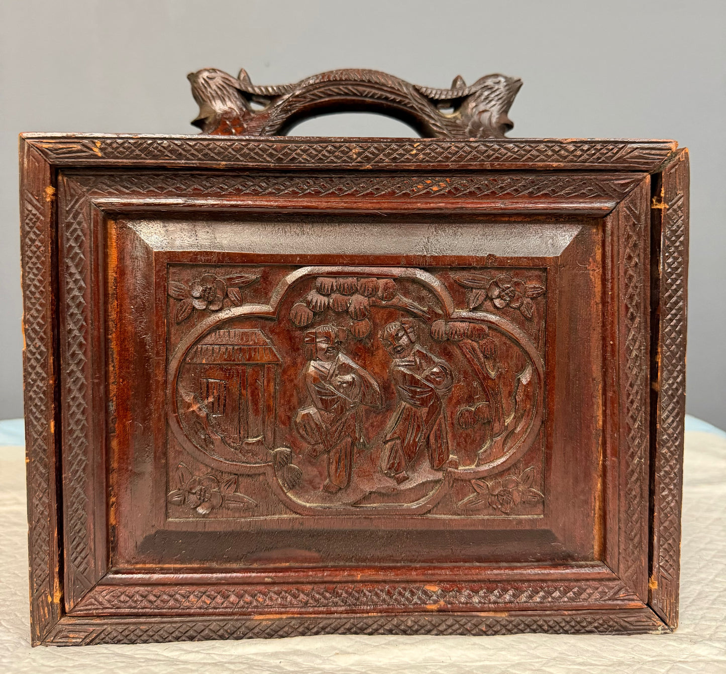 Antique Chinese Mahjong Set in Carved Dragon-Motif Wood Case, Early 20th Century