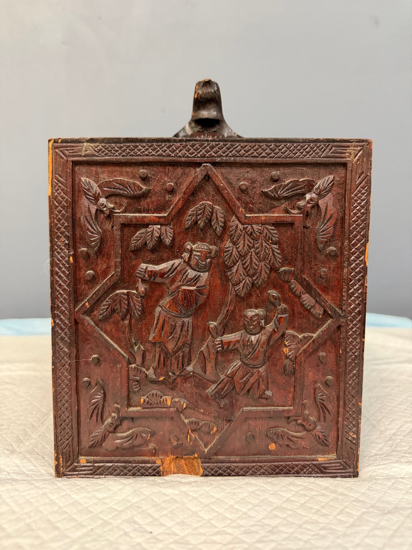 Antique Chinese Mahjong Set in Carved Dragon-Motif Wood Case, Early 20th Century