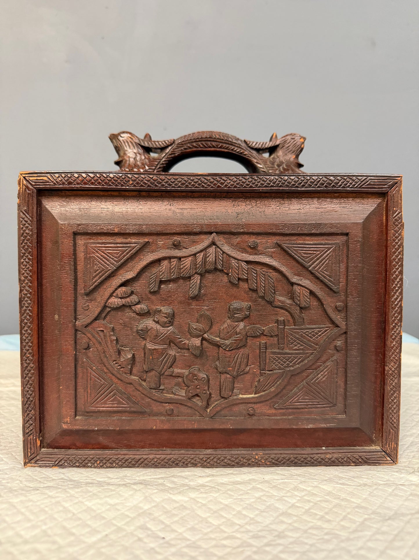 Antique Chinese Mahjong Set in Carved Dragon-Motif Wood Case, Early 20th Century