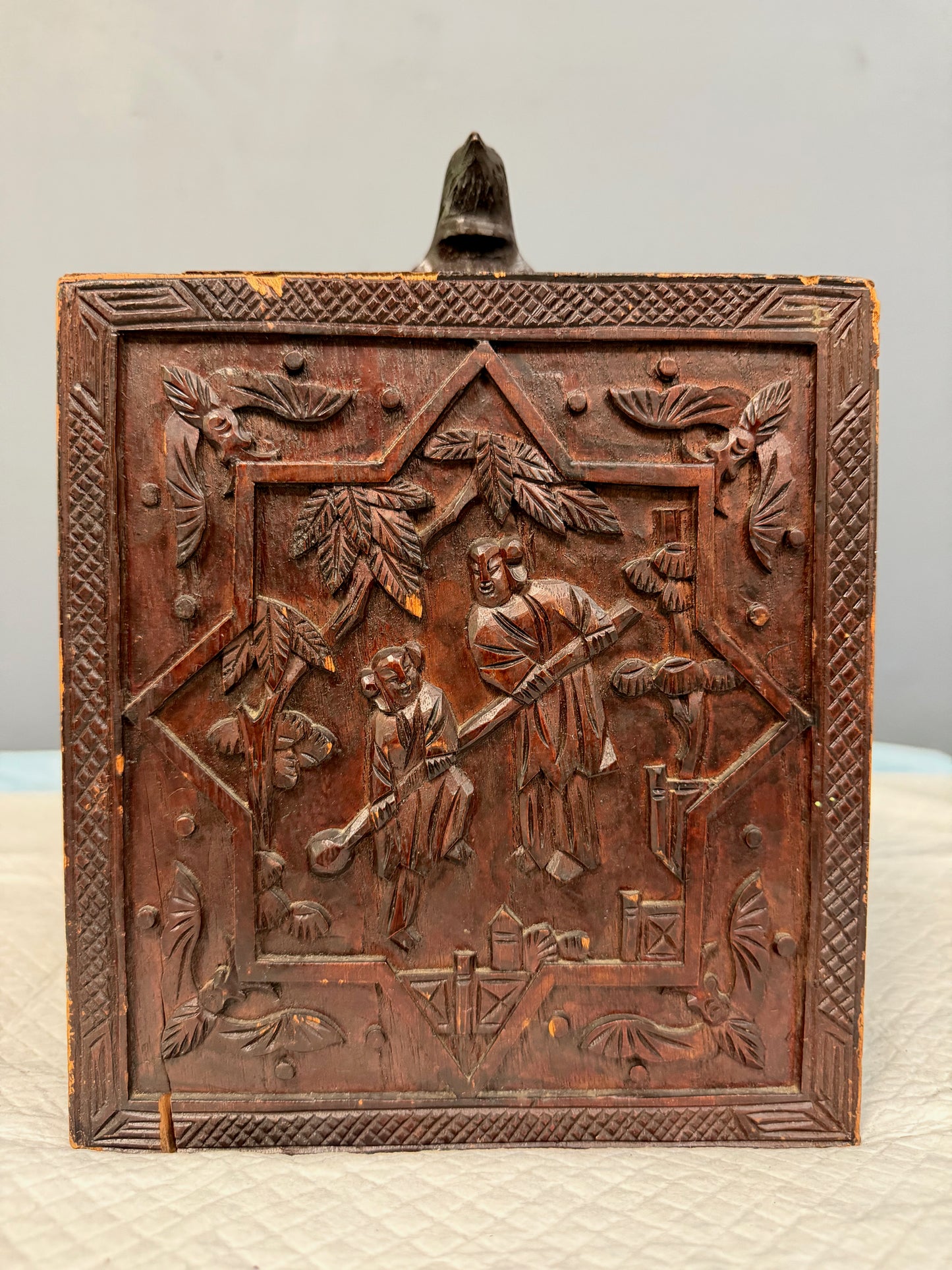 Antique Chinese Mahjong Set in Carved Dragon-Motif Wood Case, Early 20th Century