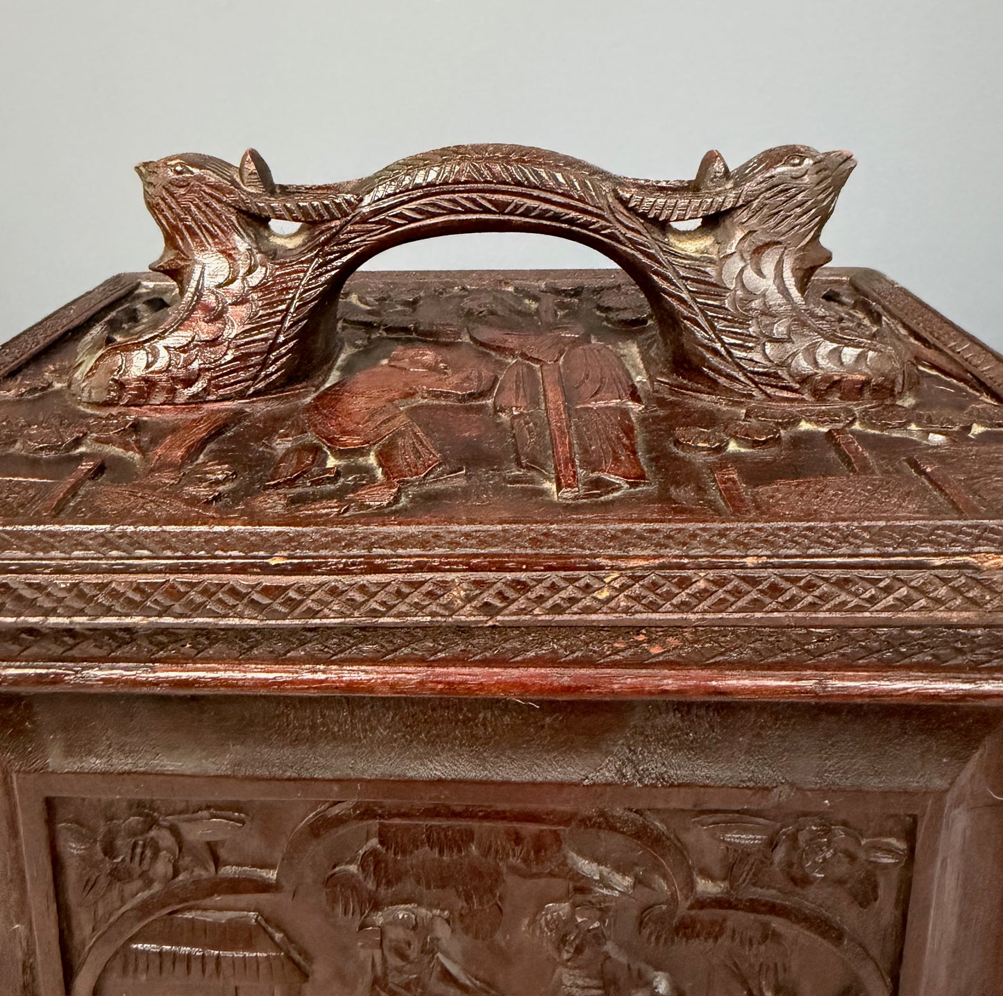 Antique Chinese Mahjong Set in Carved Dragon-Motif Wood Case, Early 20th Century
