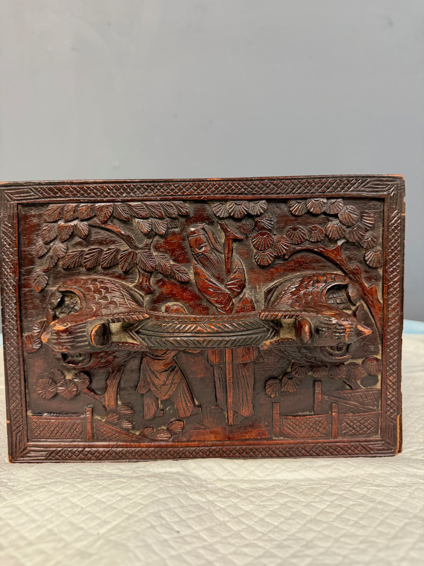 Antique Chinese Mahjong Set in Carved Dragon-Motif Wood Case, Early 20th Century