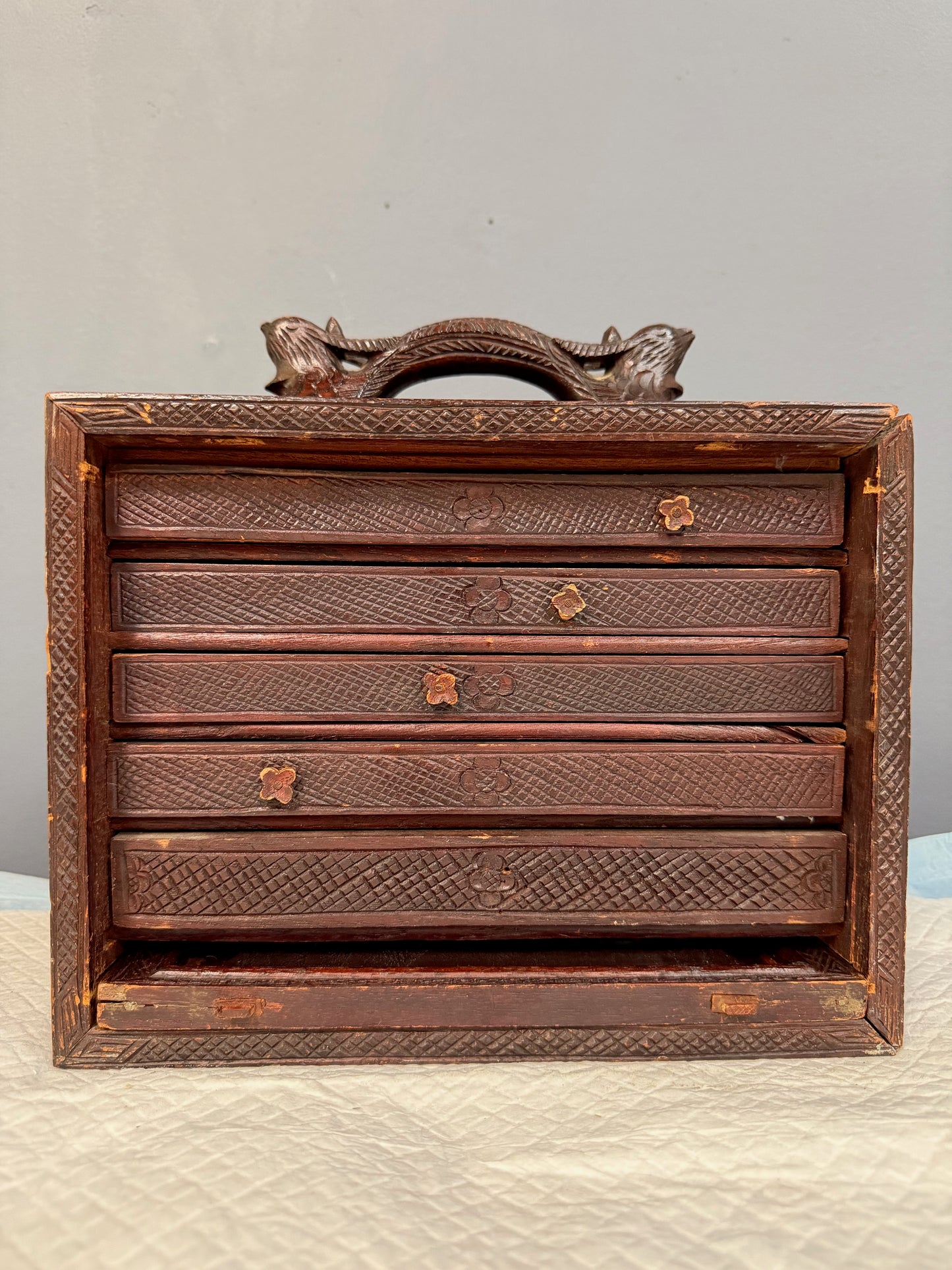 Antique Chinese Mahjong Set in Carved Dragon-Motif Wood Case, Early 20th Century