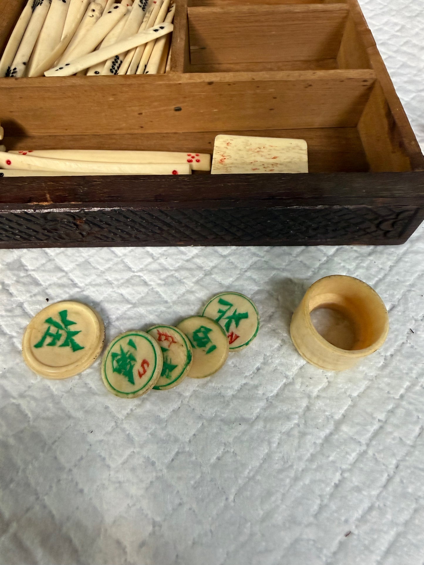 Antique Chinese Mahjong Set in Carved Dragon-Motif Wood Case, Early 20th Century