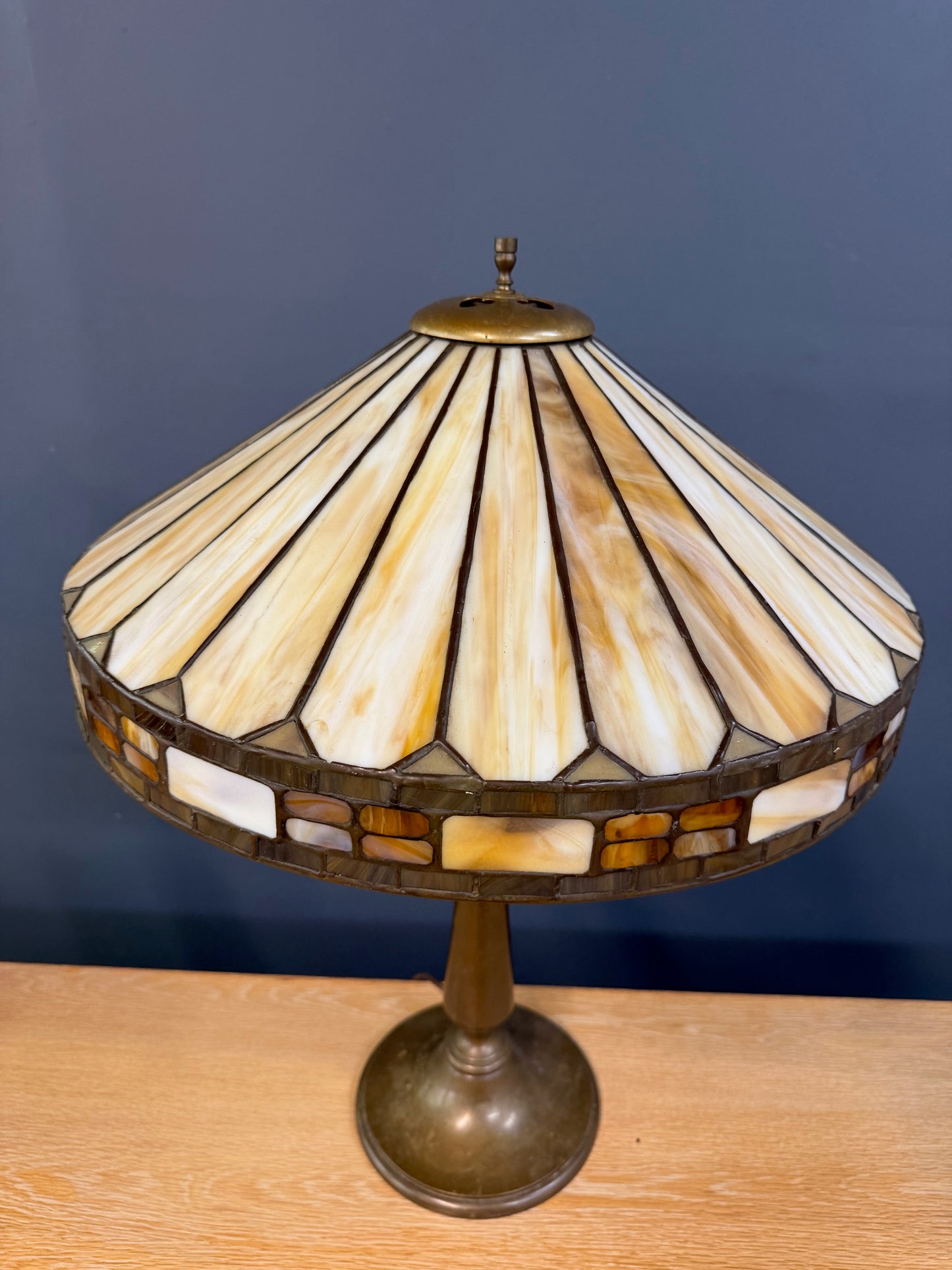 Antique Duffner & Kimberly Leaded Glass Table Lamp, Geometric Banded Shade 1910