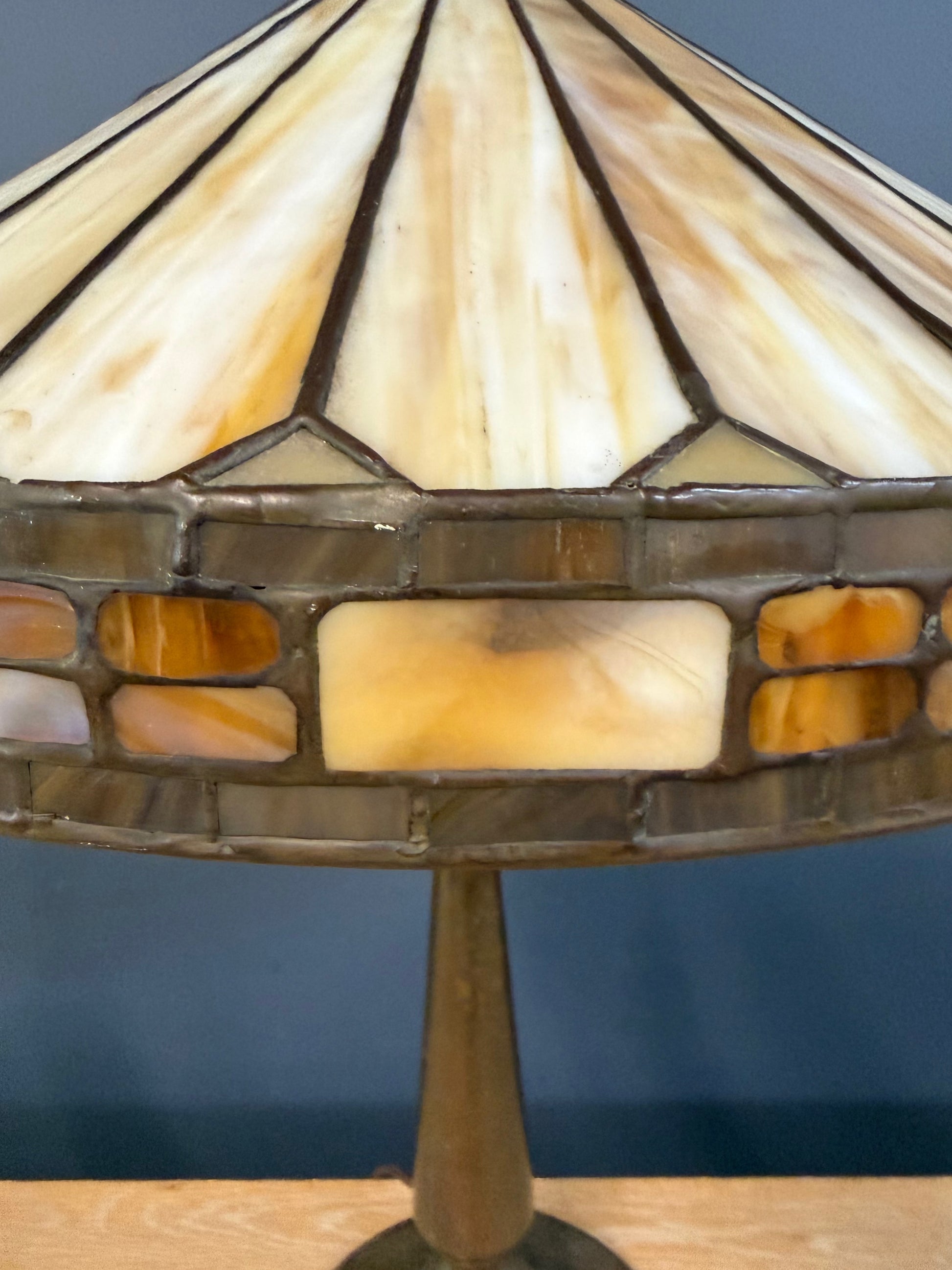 Antique Duffner & Kimberly Leaded Glass Table Lamp, Geometric Banded Shade 1910