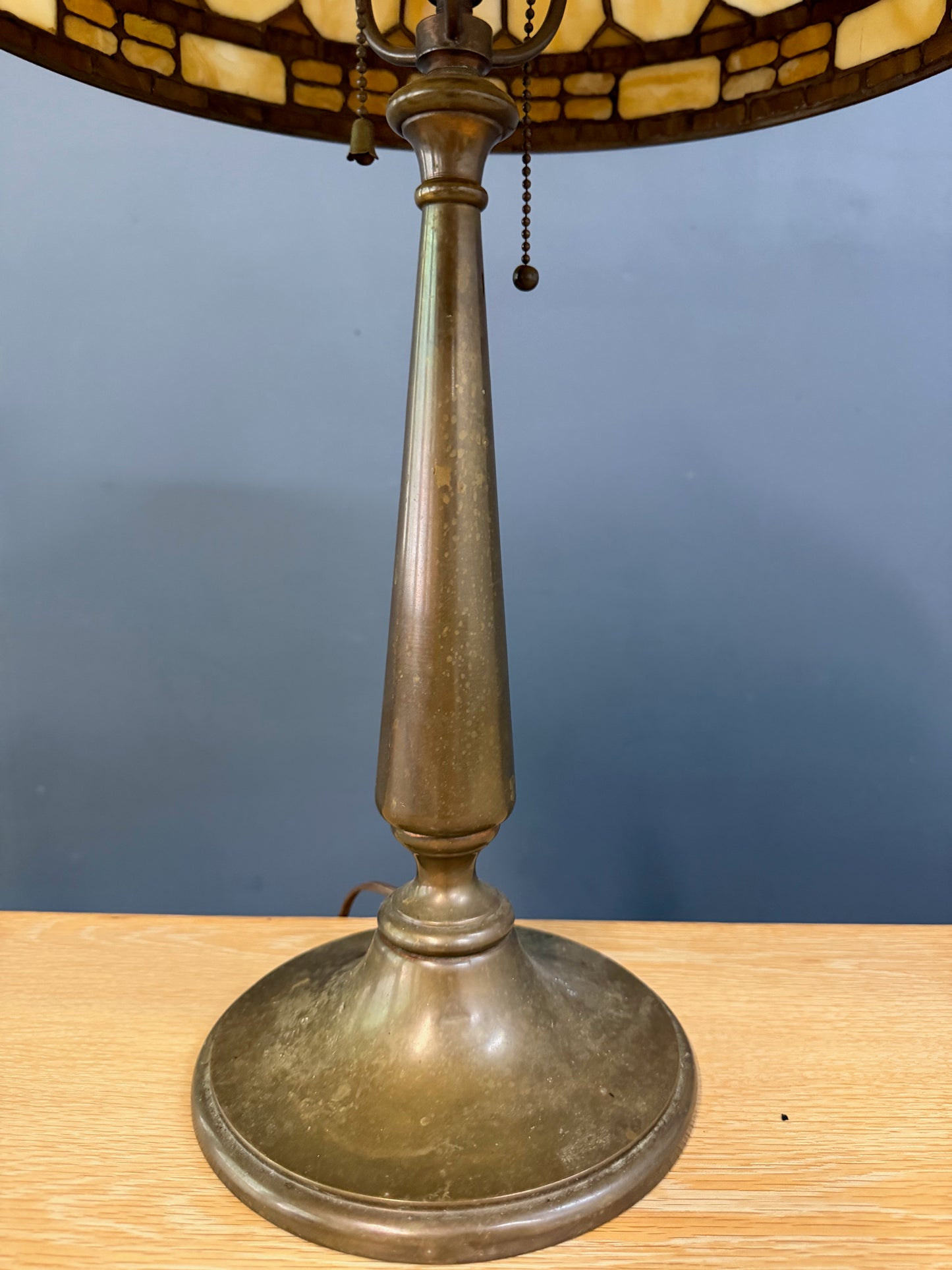 Antique Duffner & Kimberly Leaded Glass Table Lamp, Geometric Banded Shade 1910