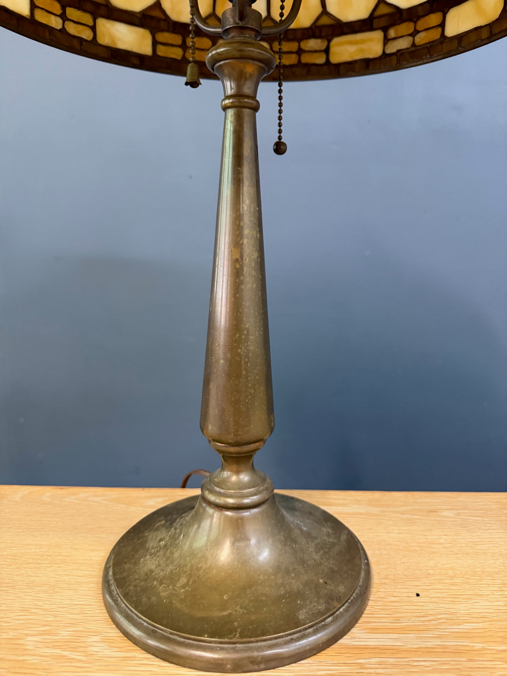 Antique Duffner & Kimberly Leaded Glass Table Lamp, Geometric Banded Shade 1910