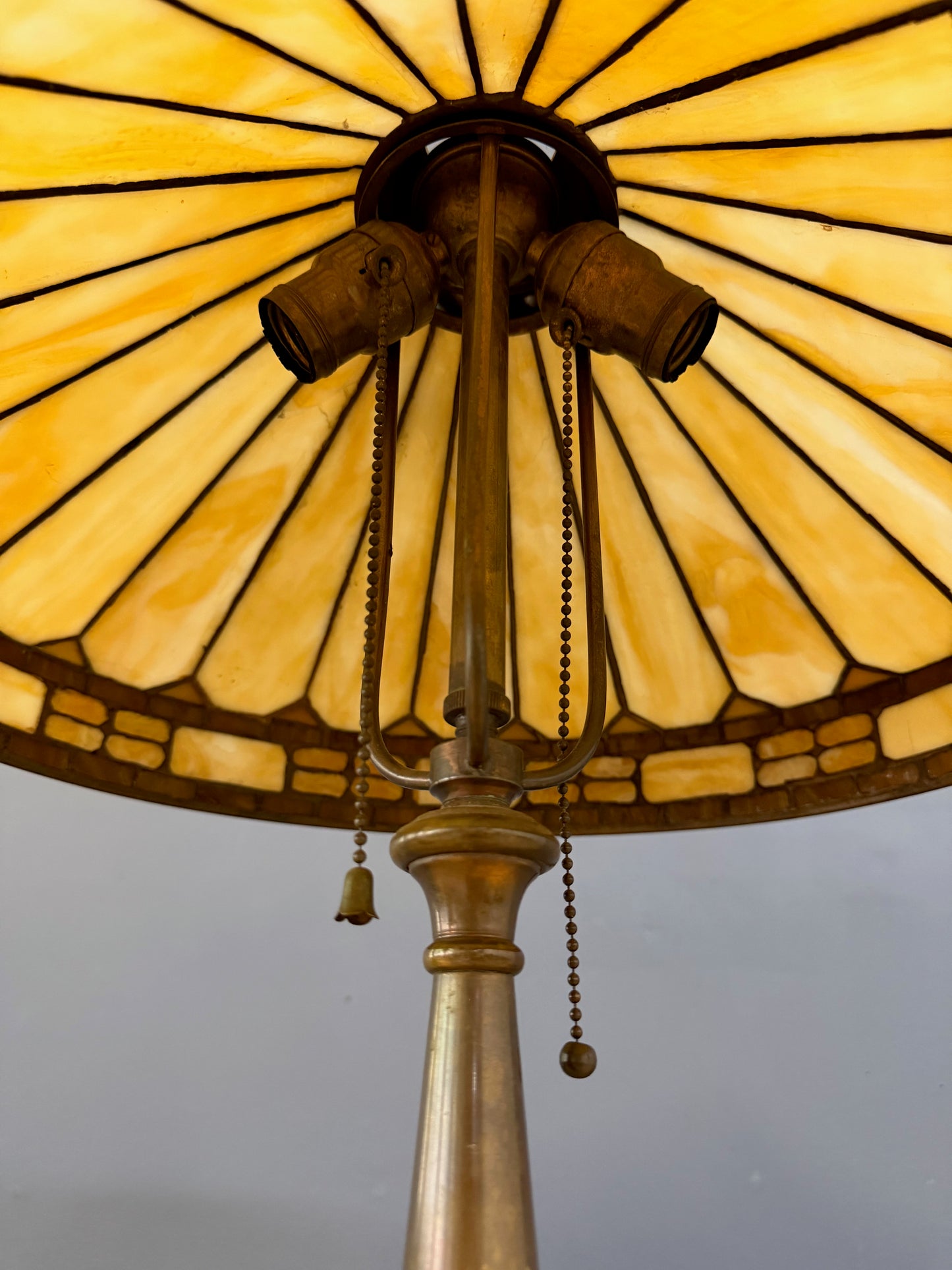 Antique Duffner & Kimberly Leaded Glass Table Lamp, Geometric Banded Shade 1910