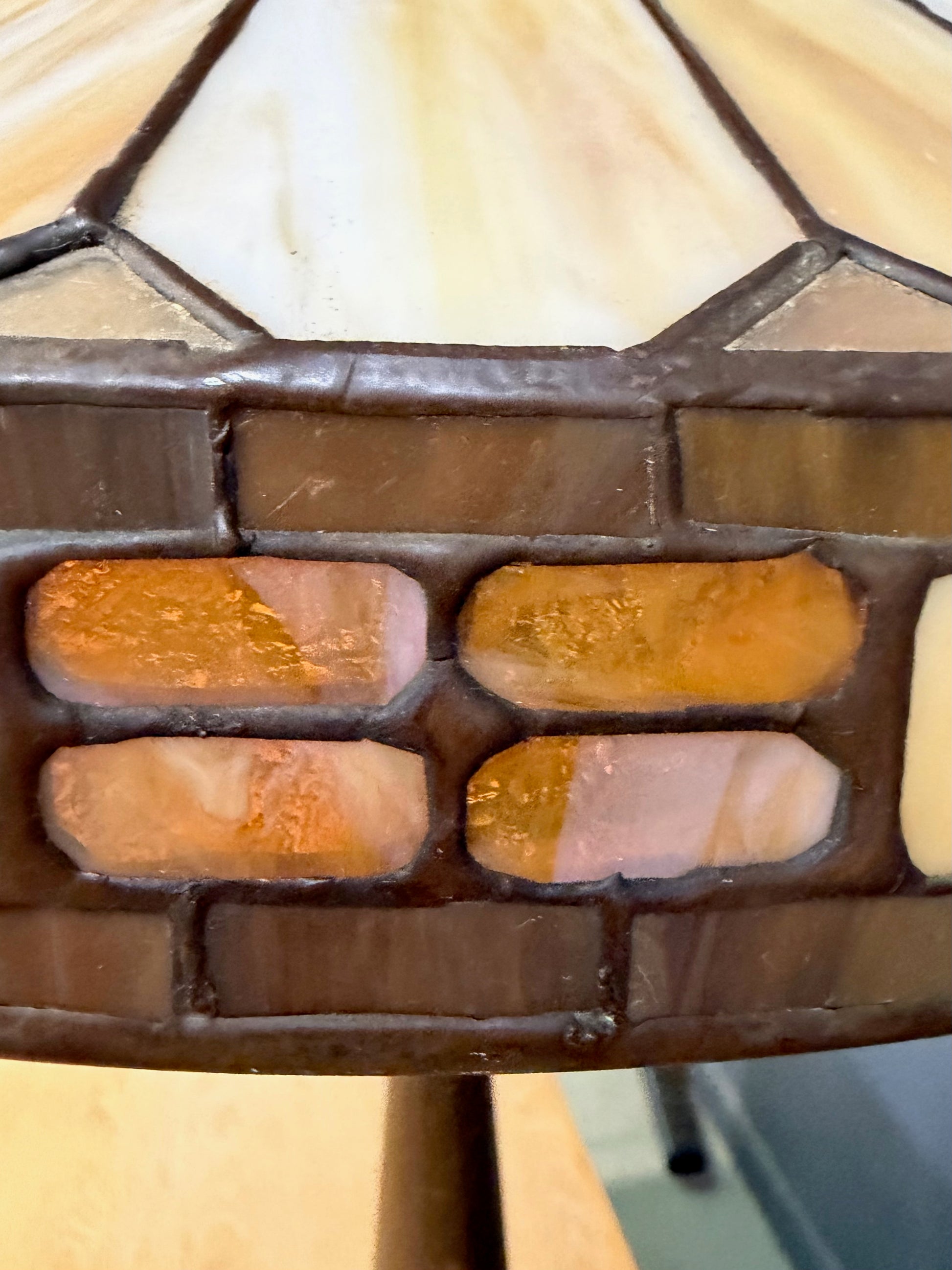 Antique Duffner & Kimberly Leaded Glass Table Lamp, Geometric Banded Shade 1910