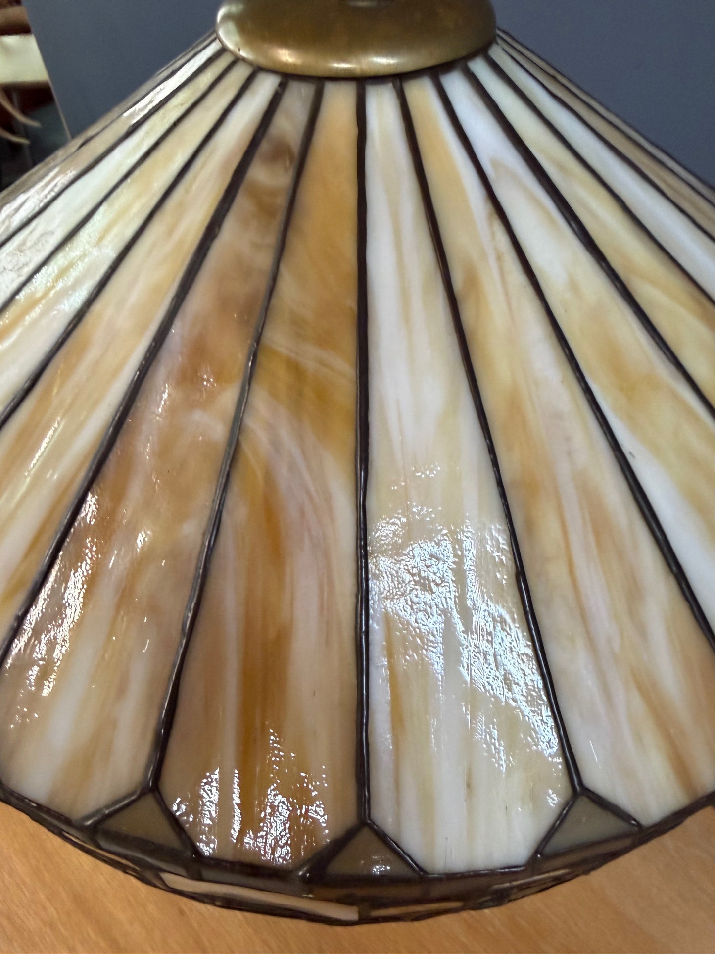 Antique Duffner & Kimberly Leaded Glass Table Lamp, Geometric Banded Shade 1910