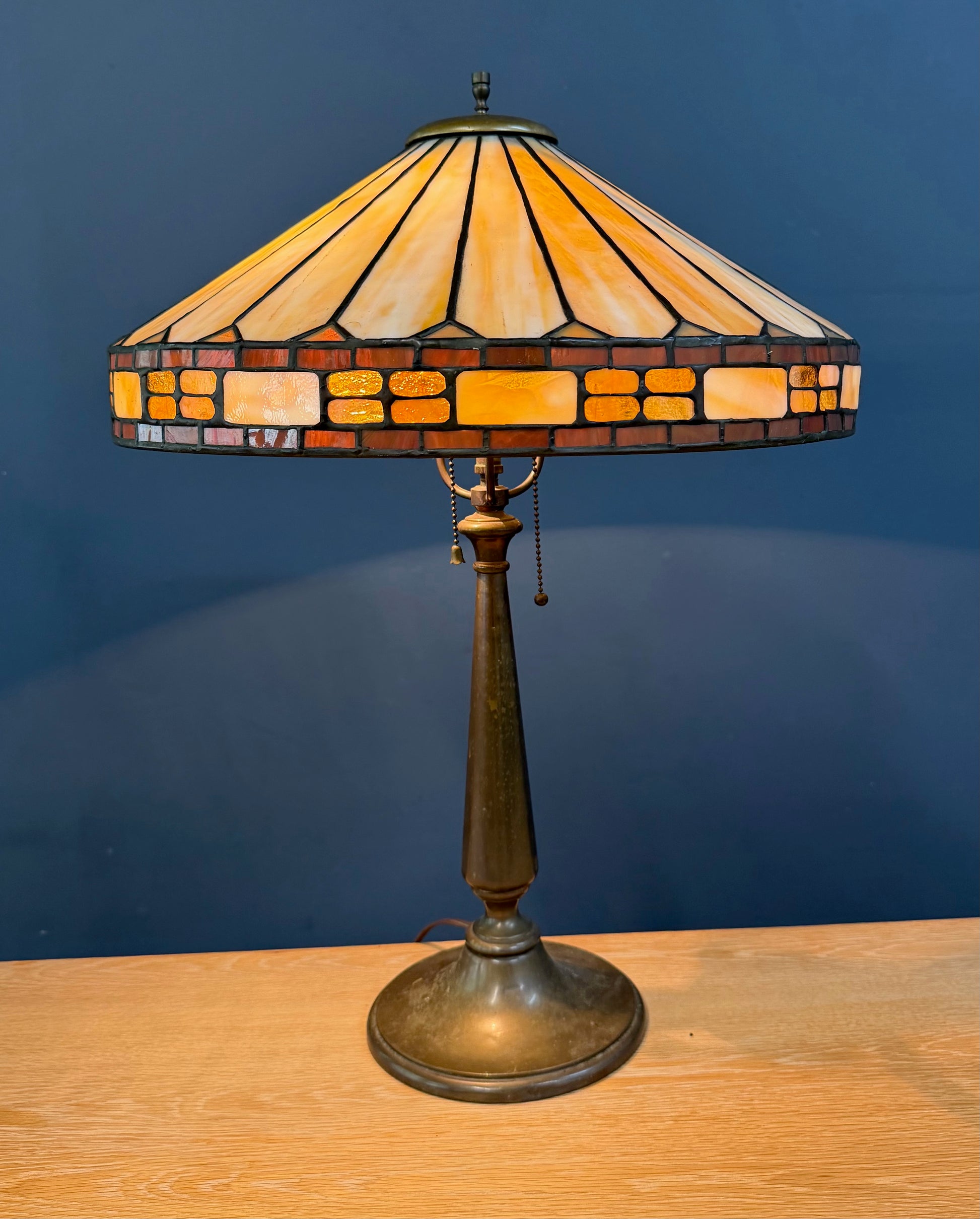 Antique Duffner & Kimberly Leaded Glass Table Lamp, Geometric Banded Shade 1910