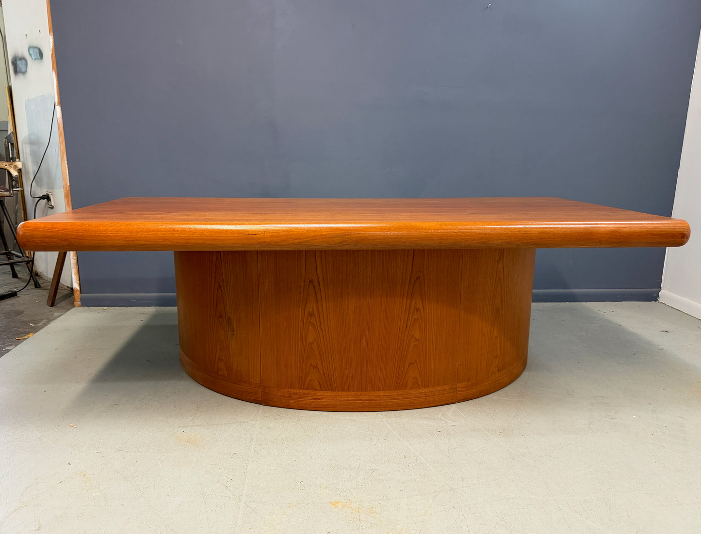 Dyrlund Danish Teak Executive Desk with Rounded Drum Pedestal Base, c. 1970s