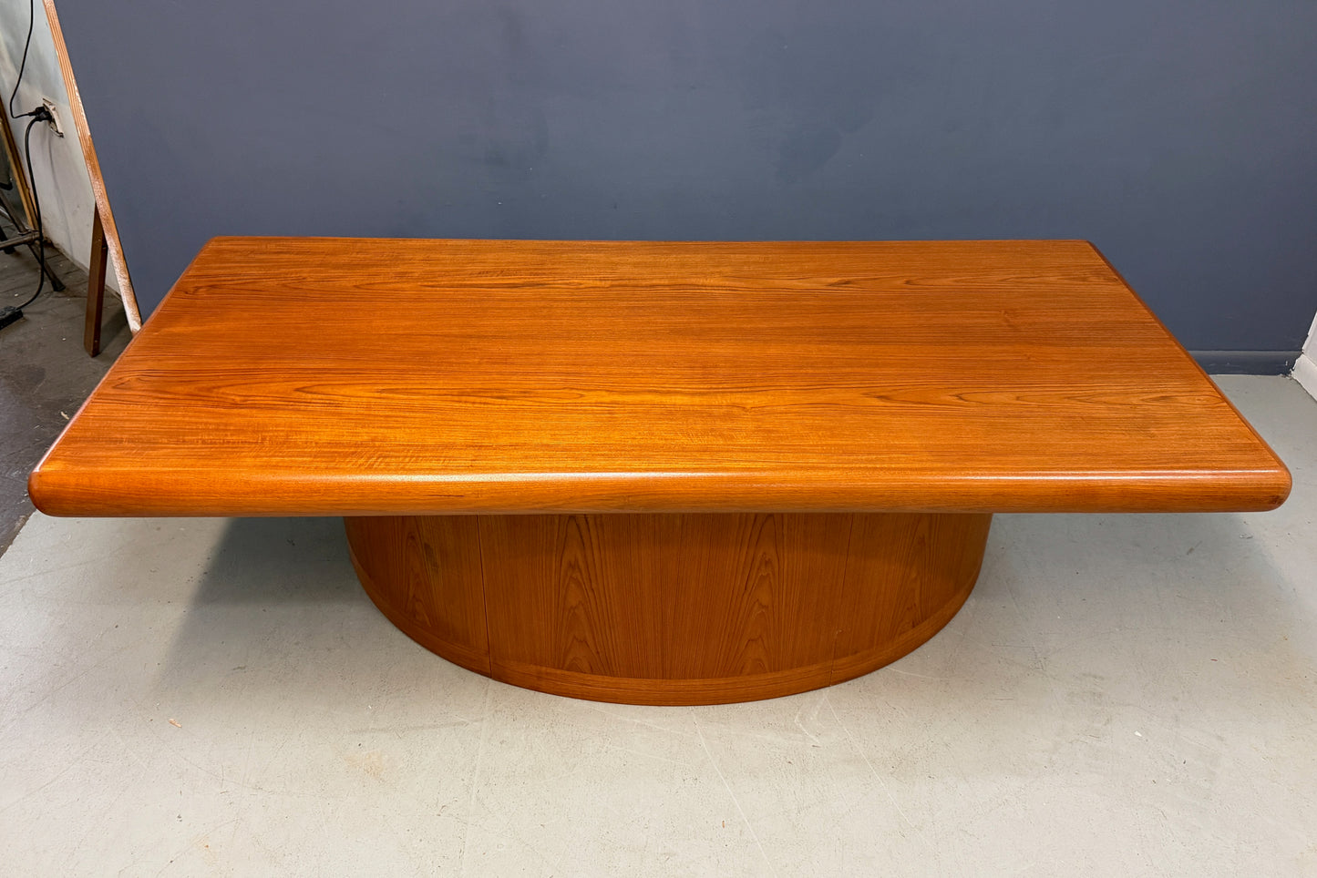 Dyrlund Danish Teak Executive Desk with Rounded Drum Pedestal Base, c. 1970s