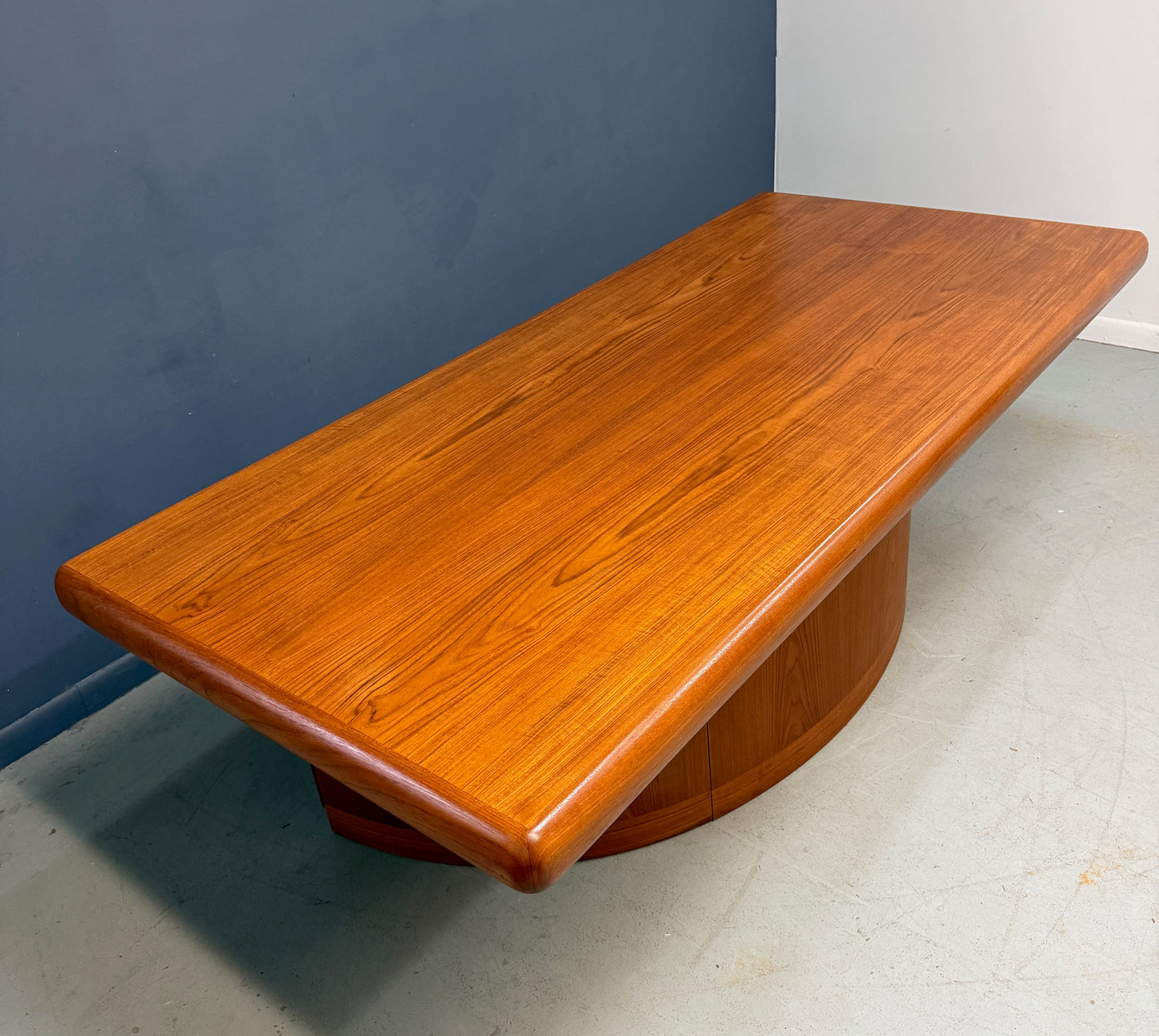 Dyrlund Danish Teak Executive Desk with Rounded Drum Pedestal Base, c. 1970s