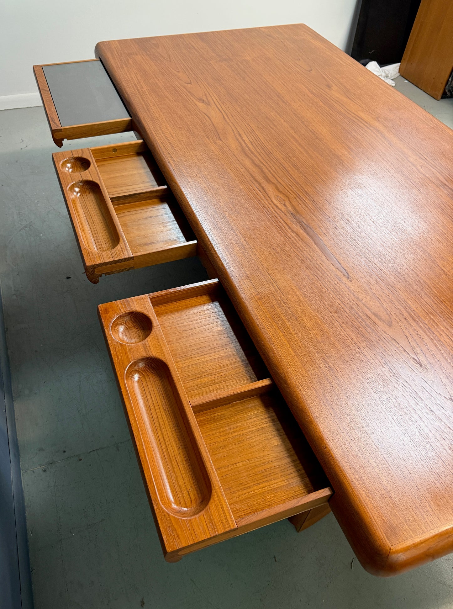 Dyrlund Danish Teak Executive Desk with Rounded Drum Pedestal Base, c. 1970s