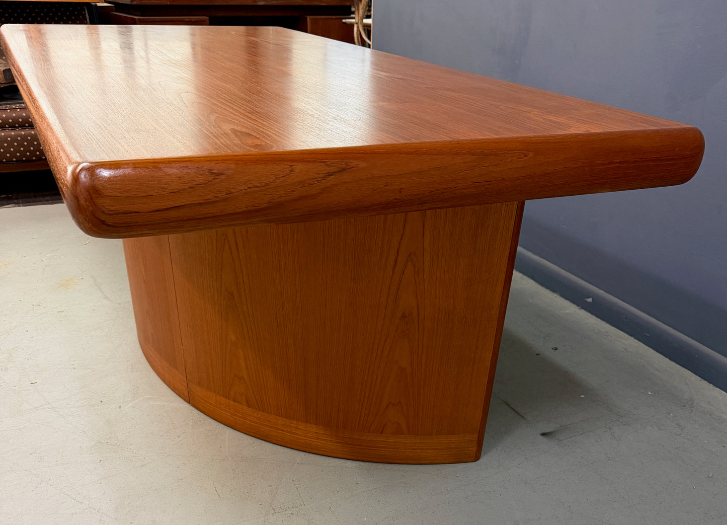 Dyrlund Danish Teak Executive Desk with Rounded Drum Pedestal Base, c. 1970s