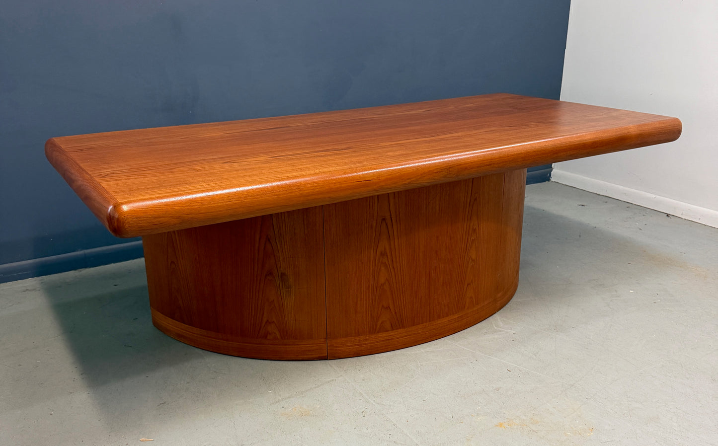 Dyrlund Danish Teak Executive Desk with Rounded Drum Pedestal Base, c. 1970s