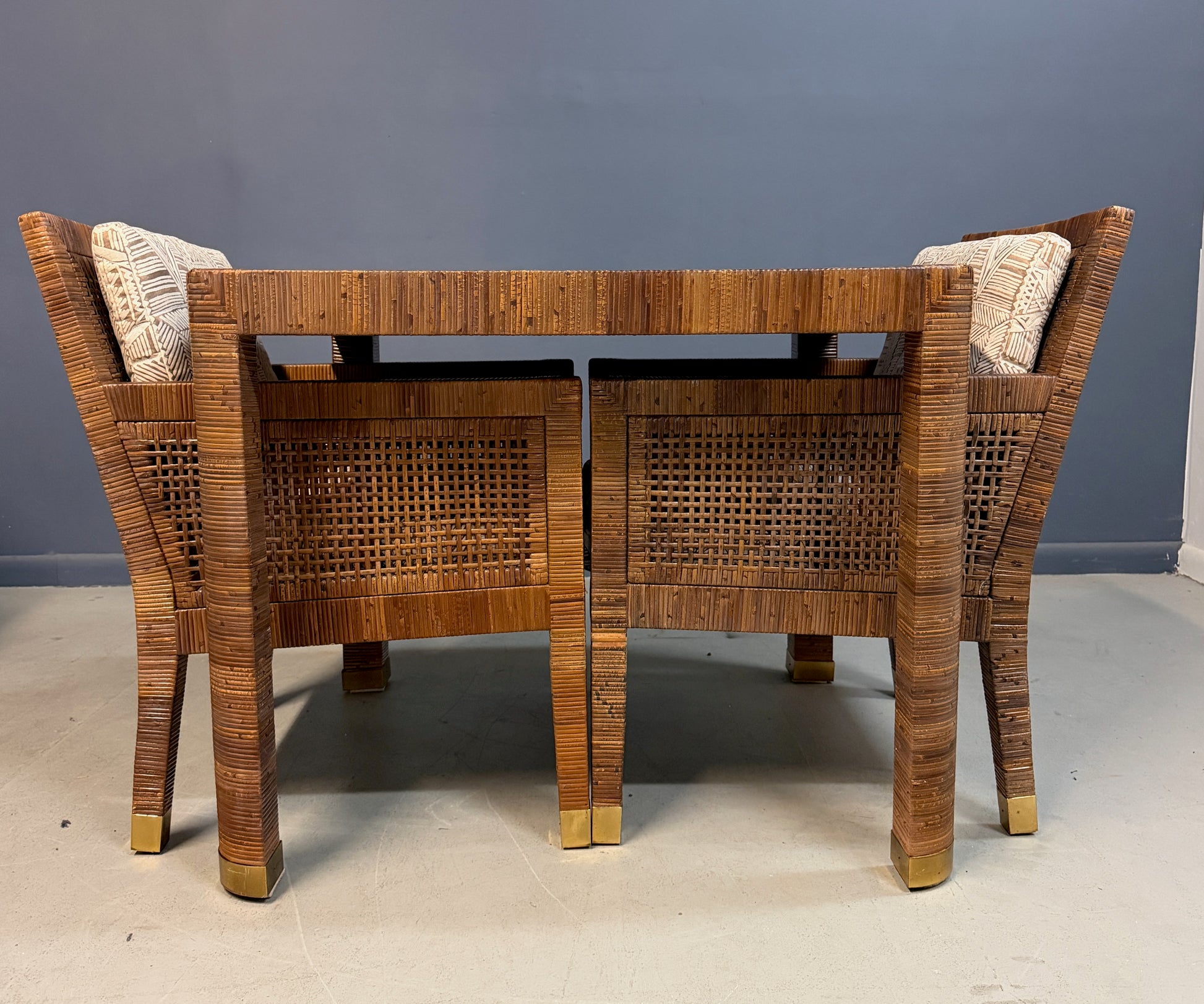 Billy Baldwin for Bielecky Brothers Rattan Game Table and Chairs, Set of 3 1970s Mid Century