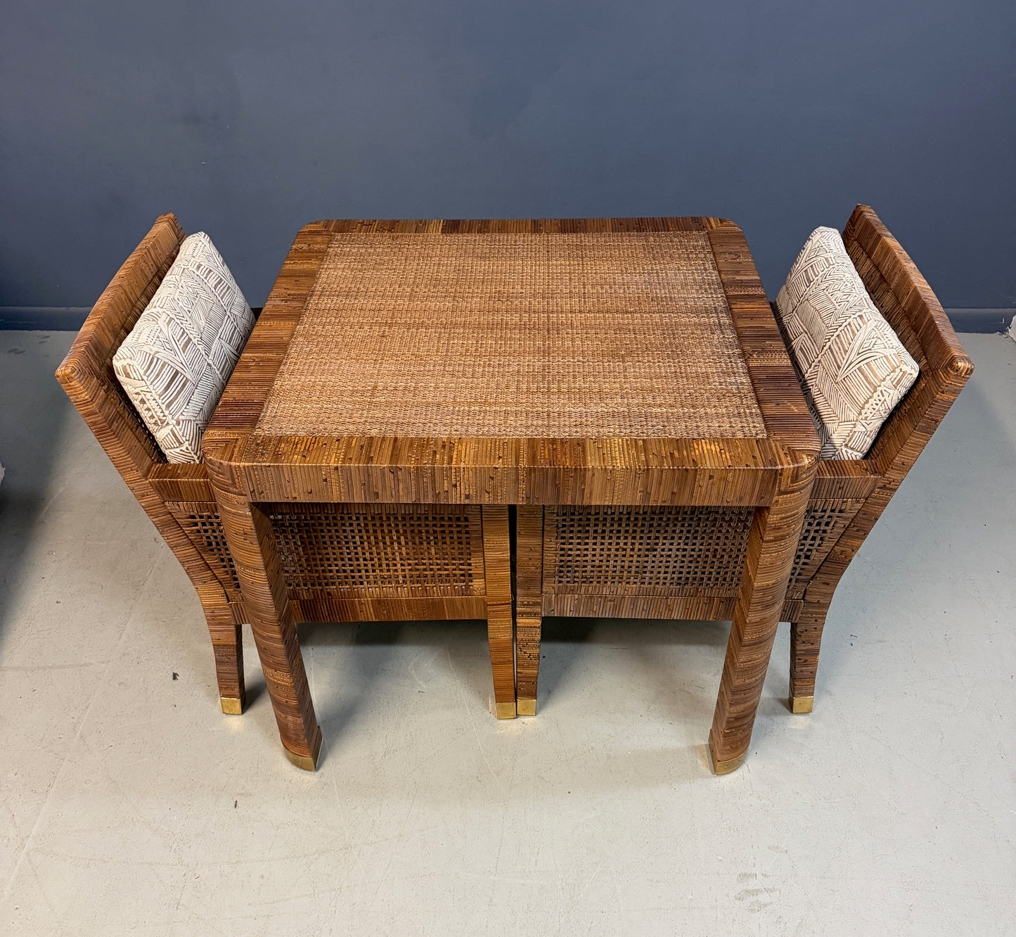 Billy Baldwin for Bielecky Brothers Rattan Game Table and Chairs, Set of 3 1970s Mid Century
