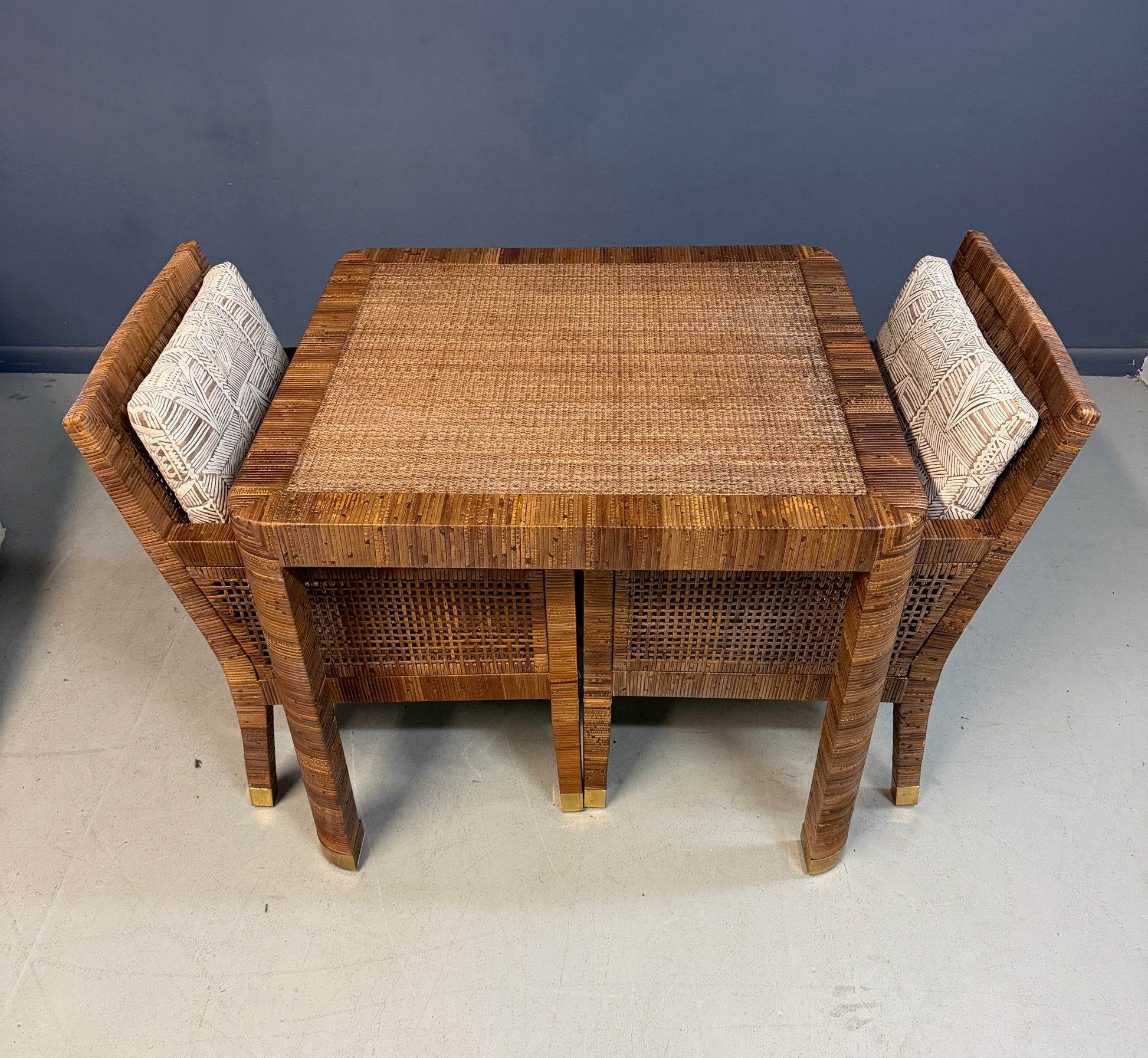 Billy Baldwin for Bielecky Brothers Rattan Game Table and Chairs, Set of 3 1970s Mid Century