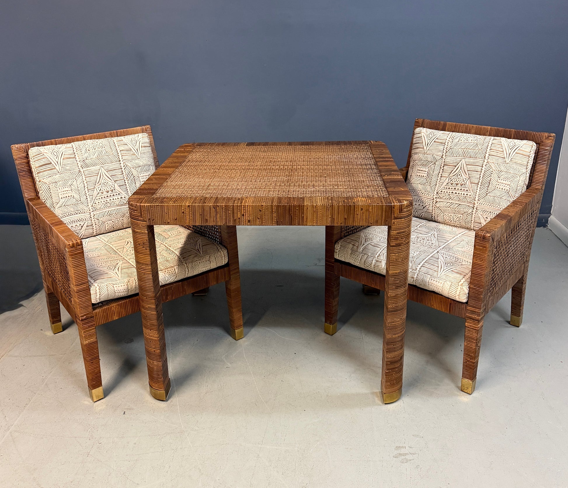Billy Baldwin for Bielecky Brothers Rattan Game Table and Chairs, Set of 3 1970s Mid Century