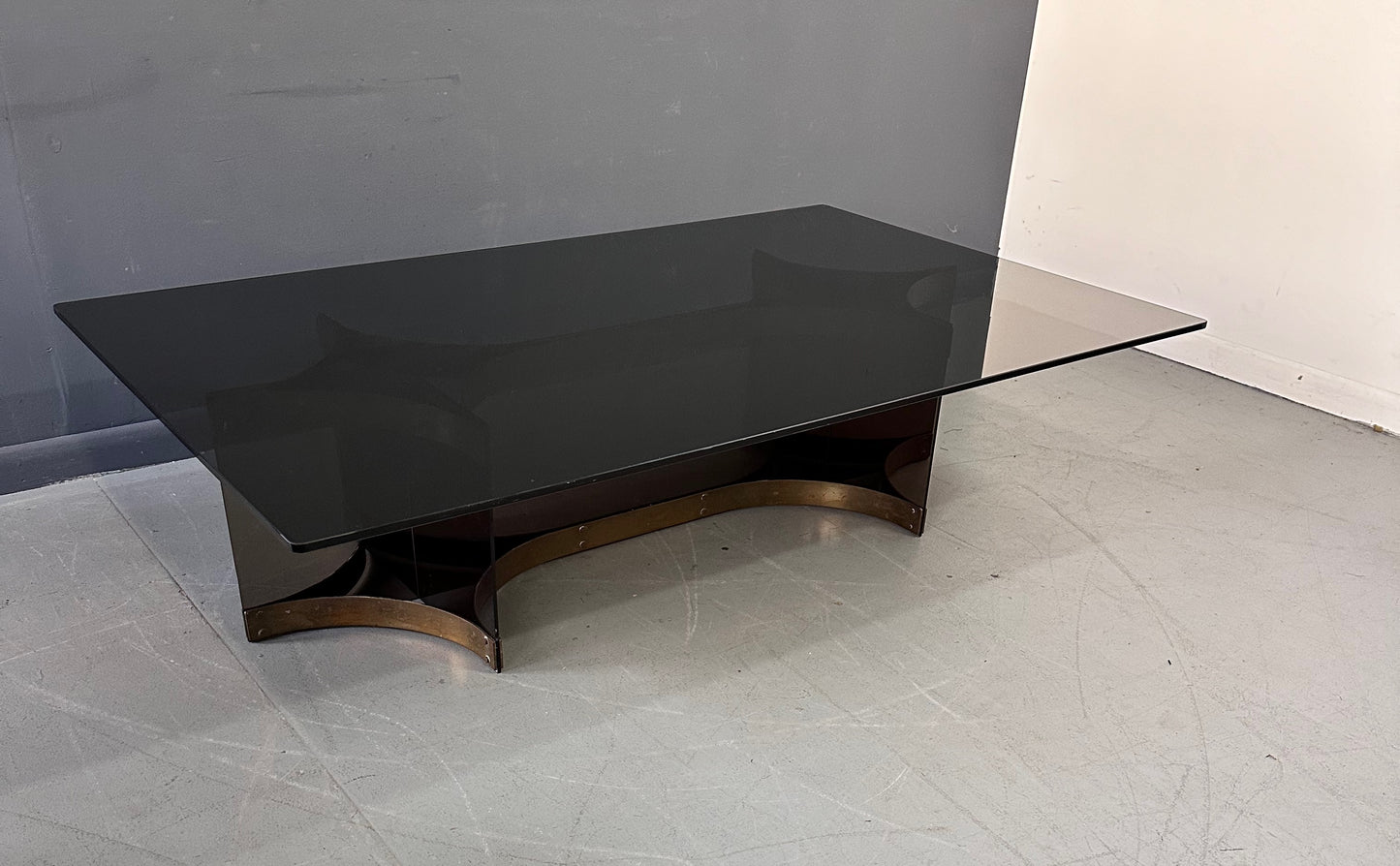 SOLD – Alessandro Albrizzzi Smoked Glass and Patinated Brass with Lucite Coffee Table