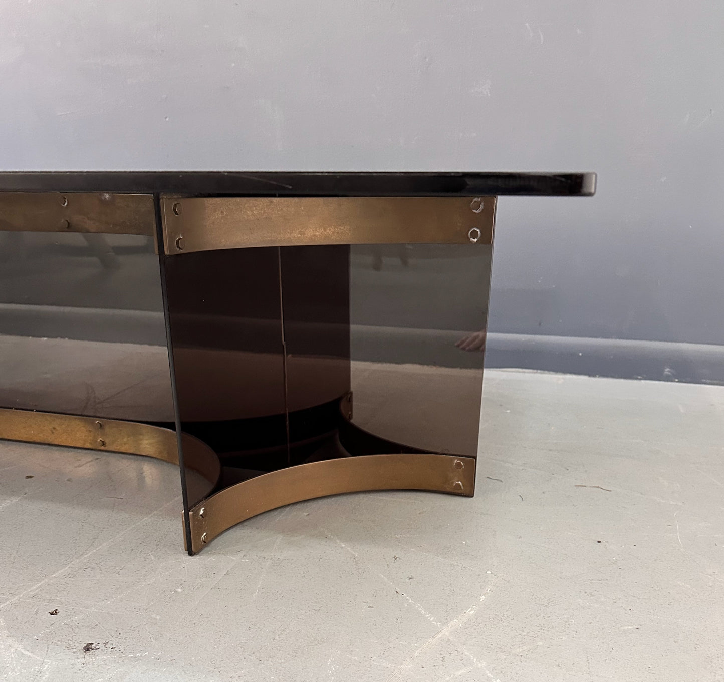 SOLD – Alessandro Albrizzzi Smoked Glass and Patinated Brass with Lucite Coffee Table