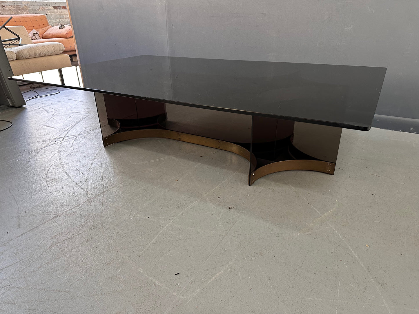 SOLD – Alessandro Albrizzzi Smoked Glass and Patinated Brass with Lucite Coffee Table