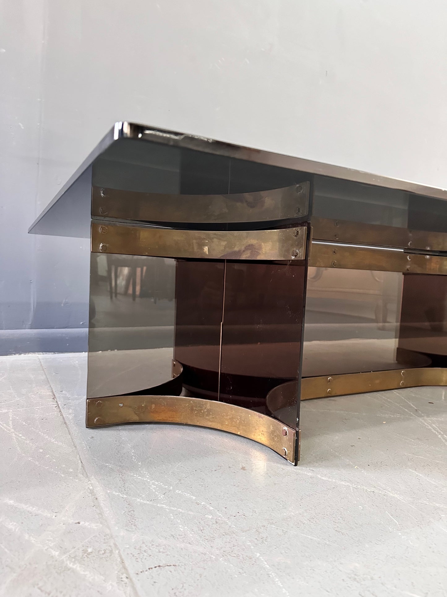SOLD – Alessandro Albrizzzi Smoked Glass and Patinated Brass with Lucite Coffee Table