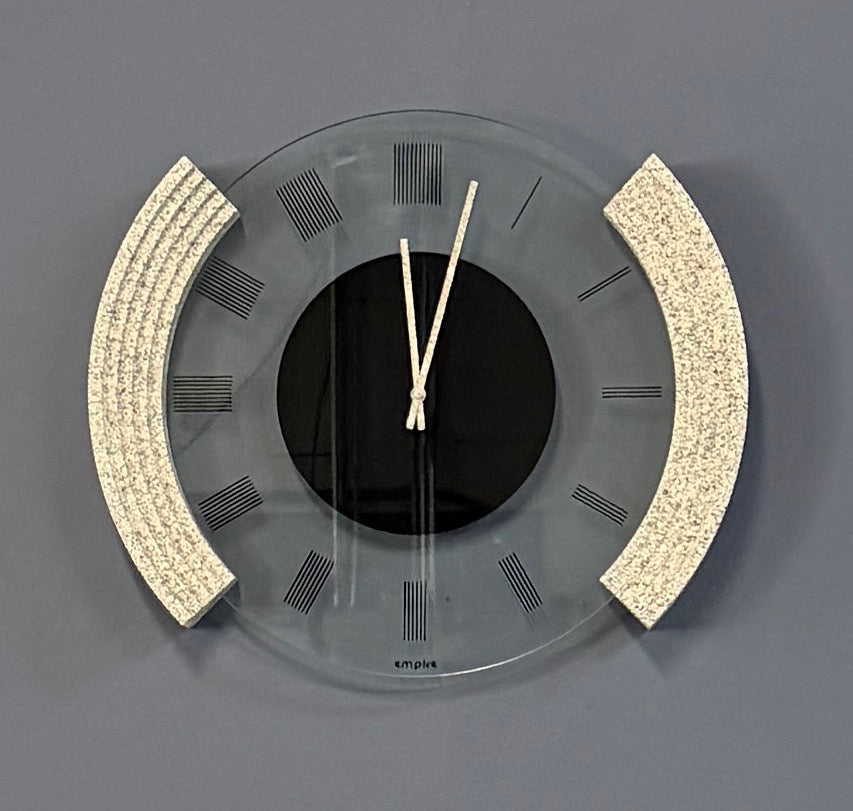 Postmodern Empire Wall Clock — Glass Face With Speckled Granite Accents, 1980s Memphis Style
