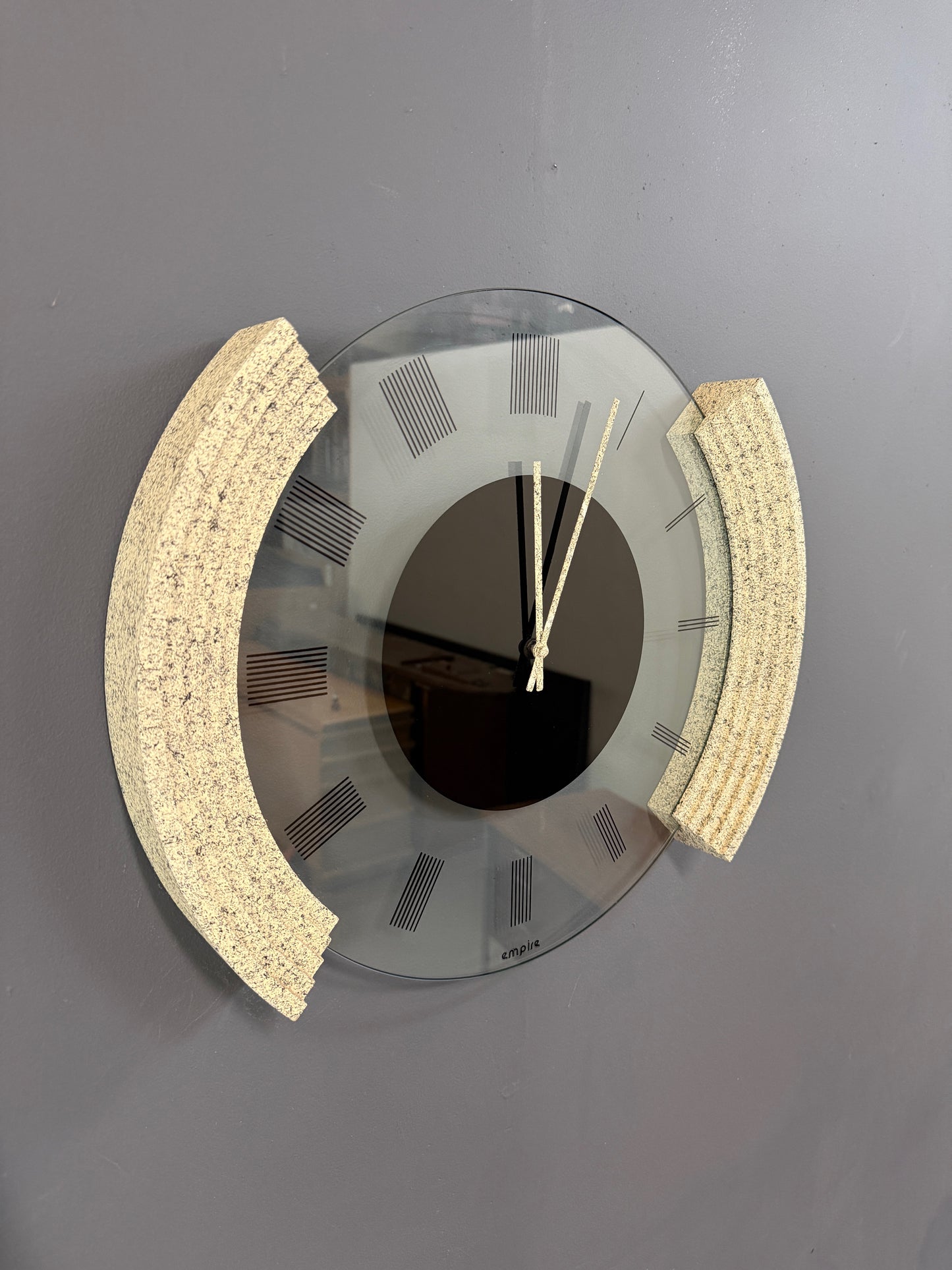 Postmodern Empire Wall Clock — Glass Face With Speckled Granite Accents, 1980s Memphis Style