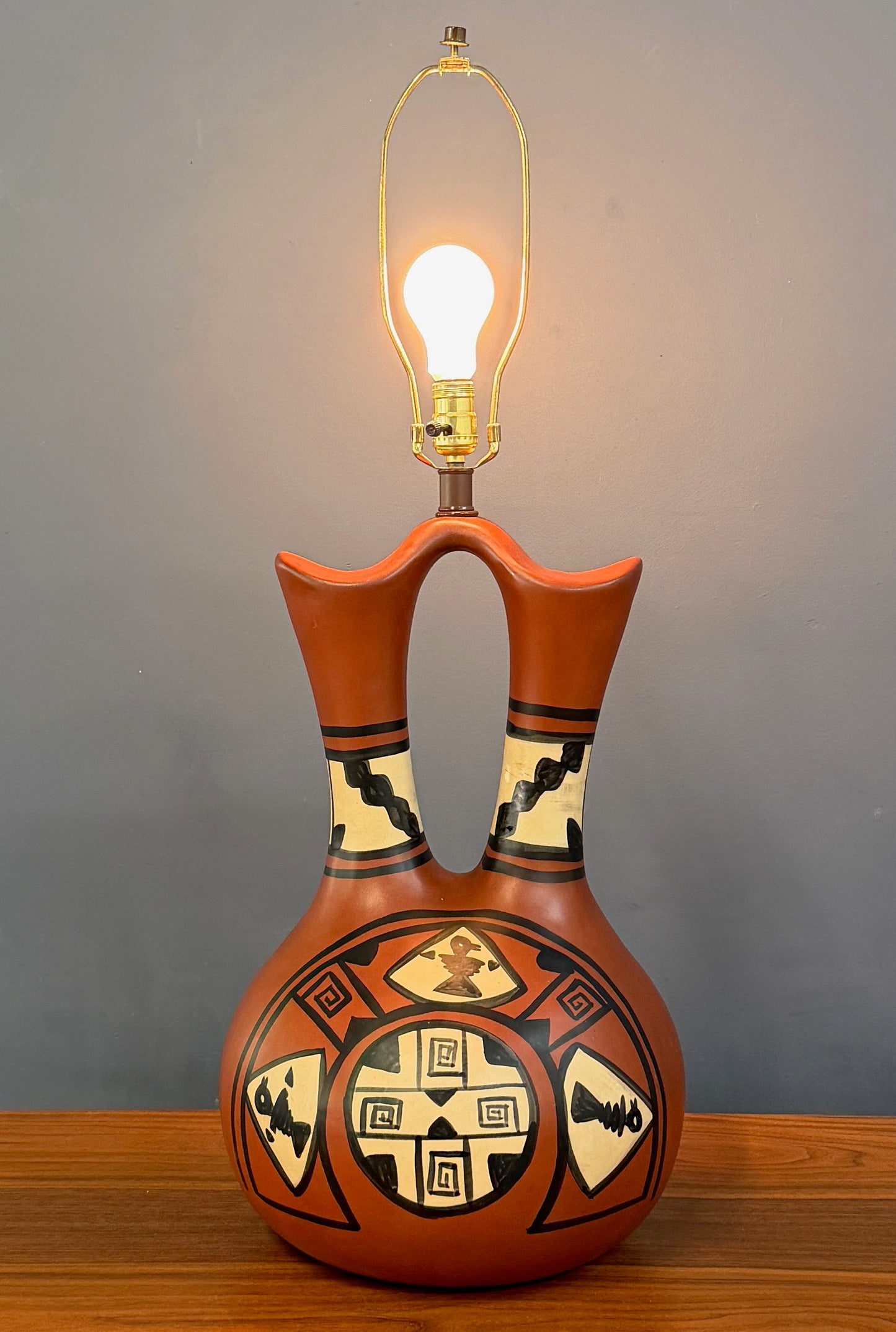 Southwestern Wedding Vase Pottery Table Lamp — Hand-Painted Terracotta