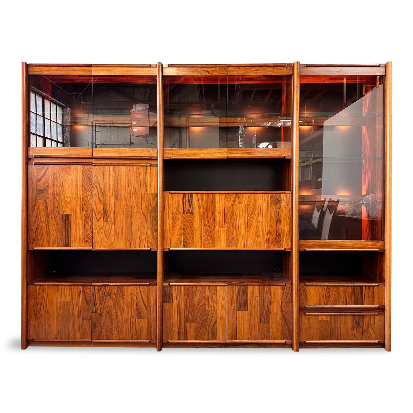 SOLD – 1980s Three Piece Lighted Rosewood Veneer Wall Unit the Style of Jorge Zalszupin