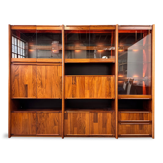 SOLD – 1980s Three Piece Lighted Rosewood Veneer Wall Unit the Style of Jorge Zalszupin