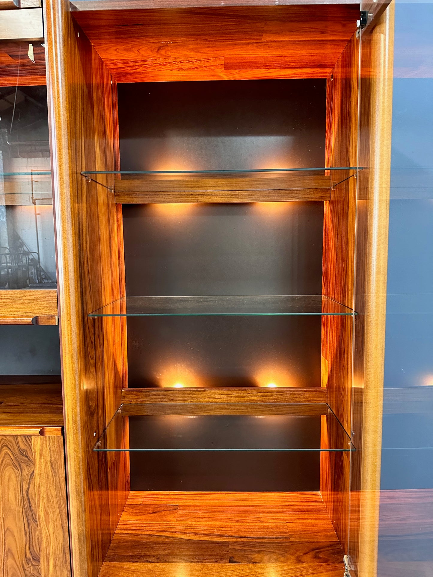SOLD – 1980s Three Piece Lighted Rosewood Veneer Wall Unit the Style of Jorge Zalszupin