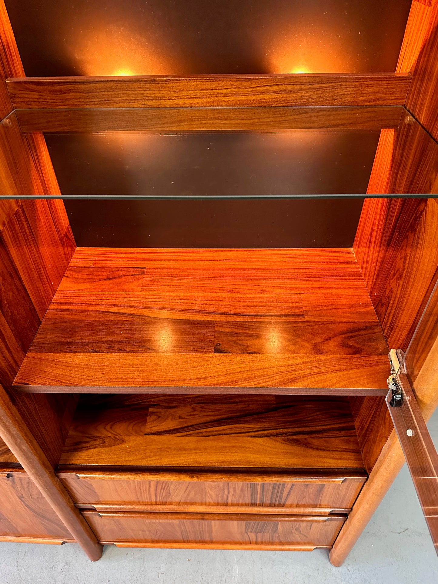 SOLD – 1980s Three Piece Lighted Rosewood Veneer Wall Unit the Style of Jorge Zalszupin