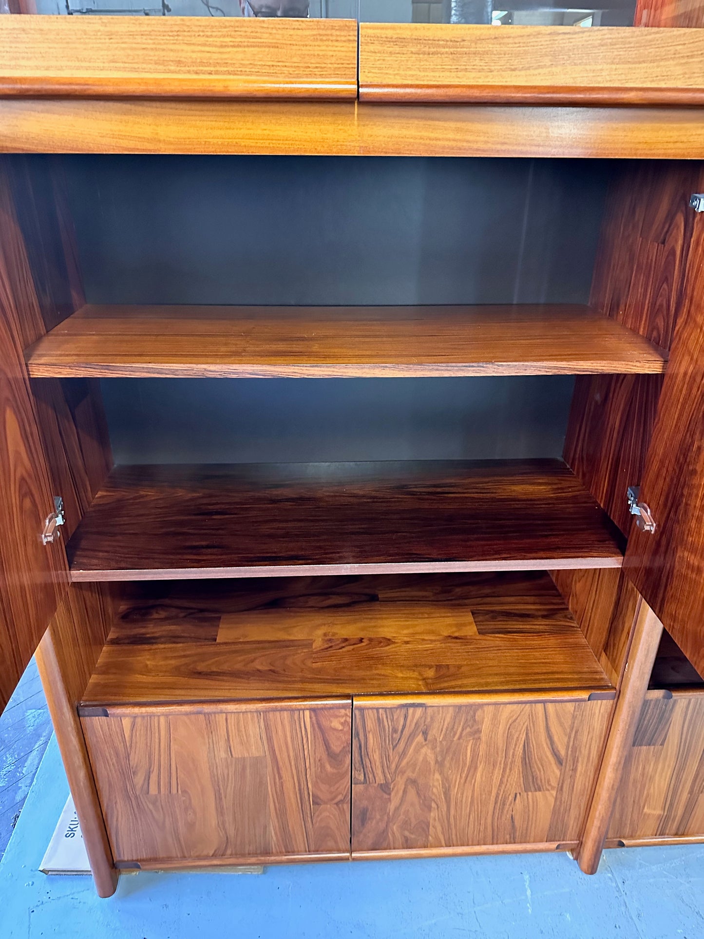 SOLD – 1980s Three Piece Lighted Rosewood Veneer Wall Unit the Style of Jorge Zalszupin