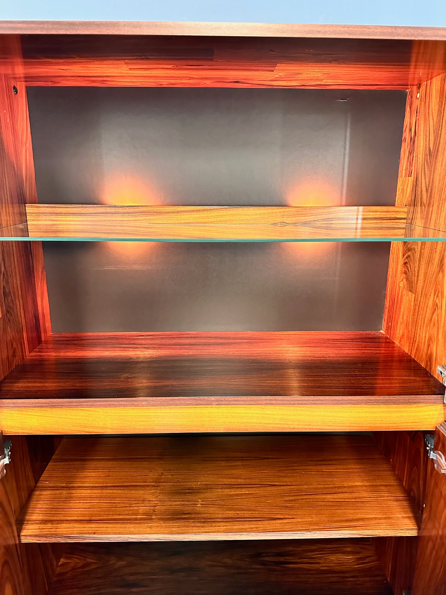 SOLD – 1980s Three Piece Lighted Rosewood Veneer Wall Unit the Style of Jorge Zalszupin