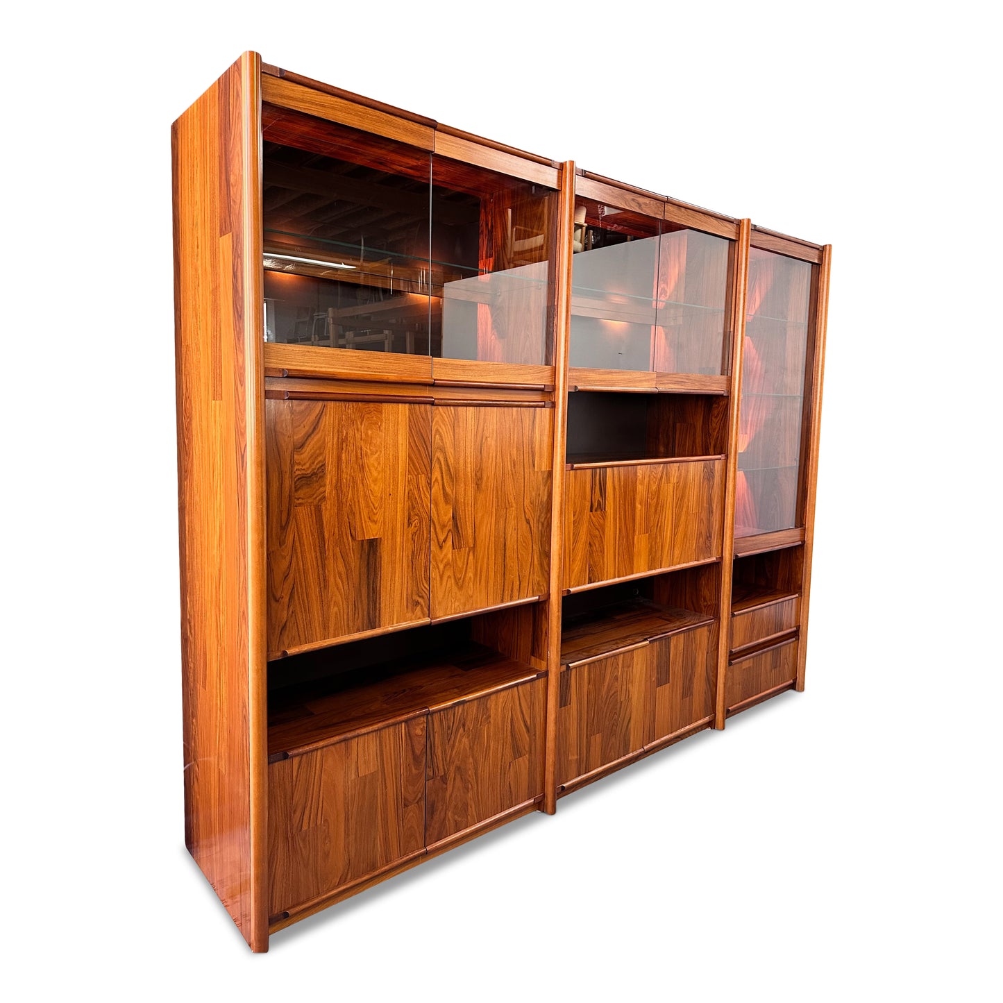SOLD – 1980s Three Piece Lighted Rosewood Veneer Wall Unit the Style of Jorge Zalszupin