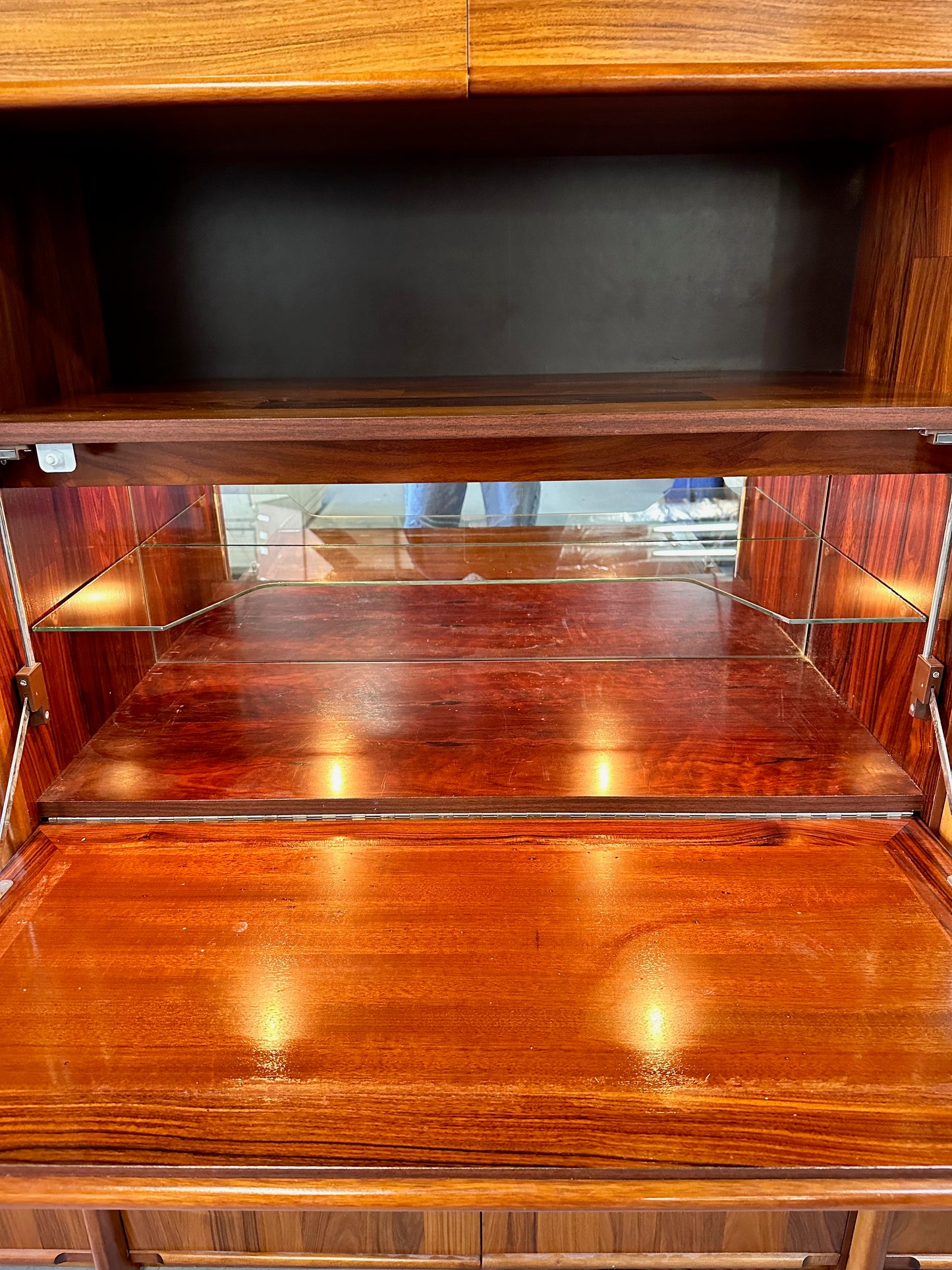 SOLD – 1980s Three Piece Lighted Rosewood Veneer Wall Unit the Style of Jorge Zalszupin